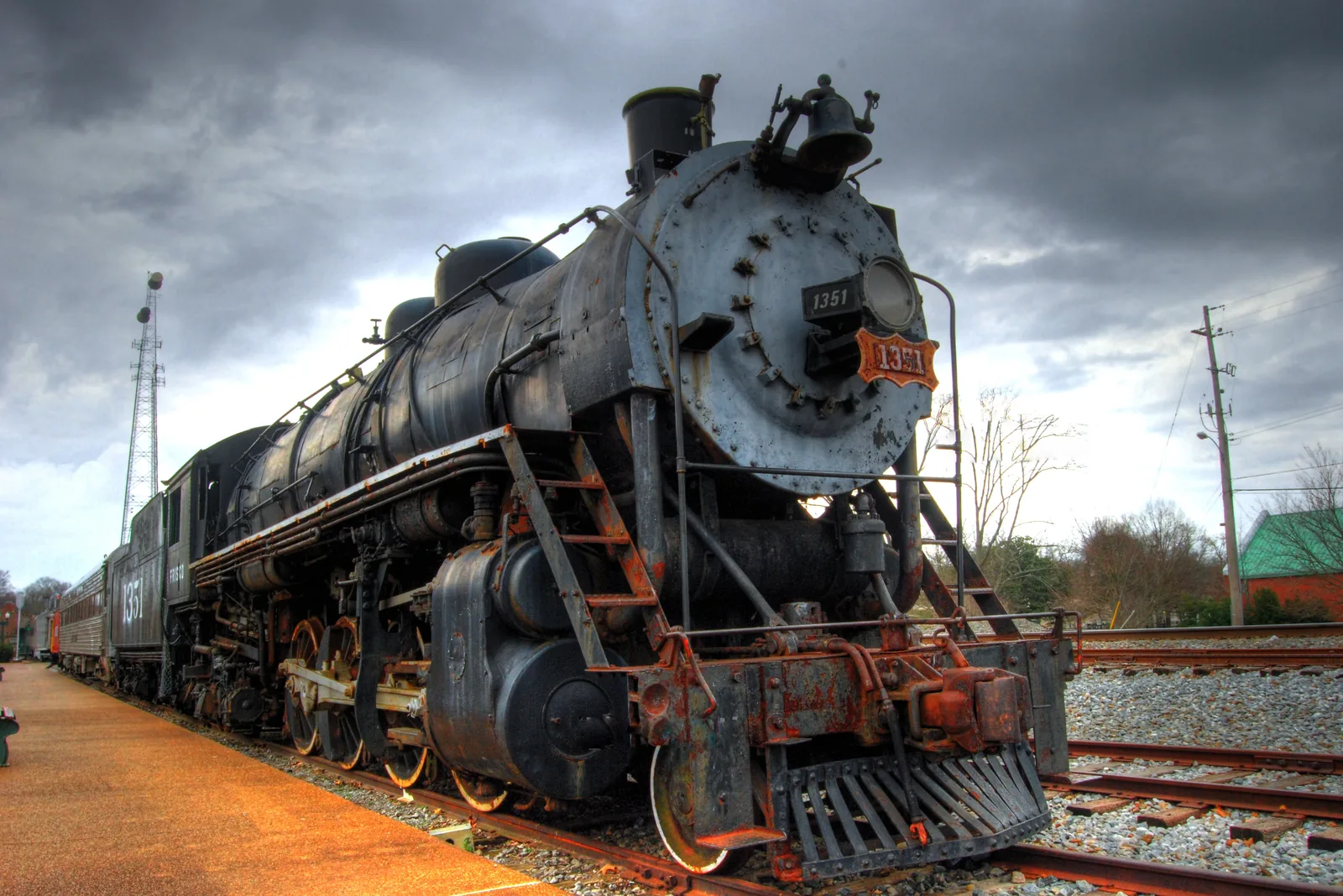 Steam locomotive No. 1351, built by the American Locomotive Company, on display beside the Collierville Town Square.