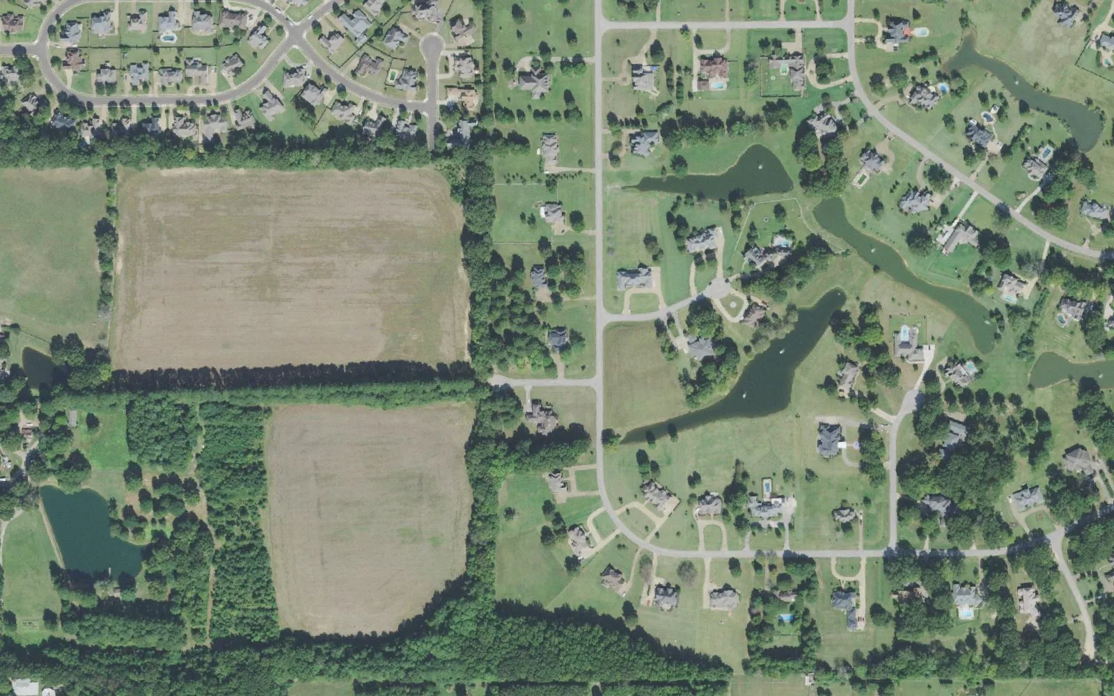 The Forest Hill area of Collierville from the air: large lots and ponds east of Forest Hill-Irene Road, beside open fields and woods