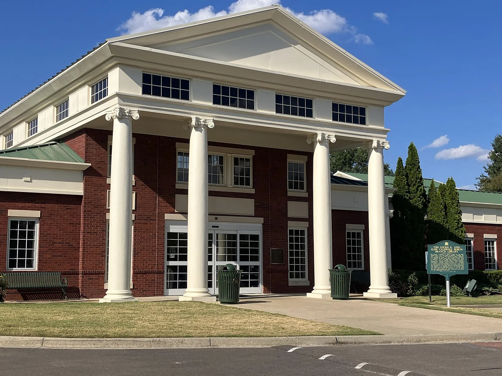 The columned main entrance of the Burch Library in Collierville.