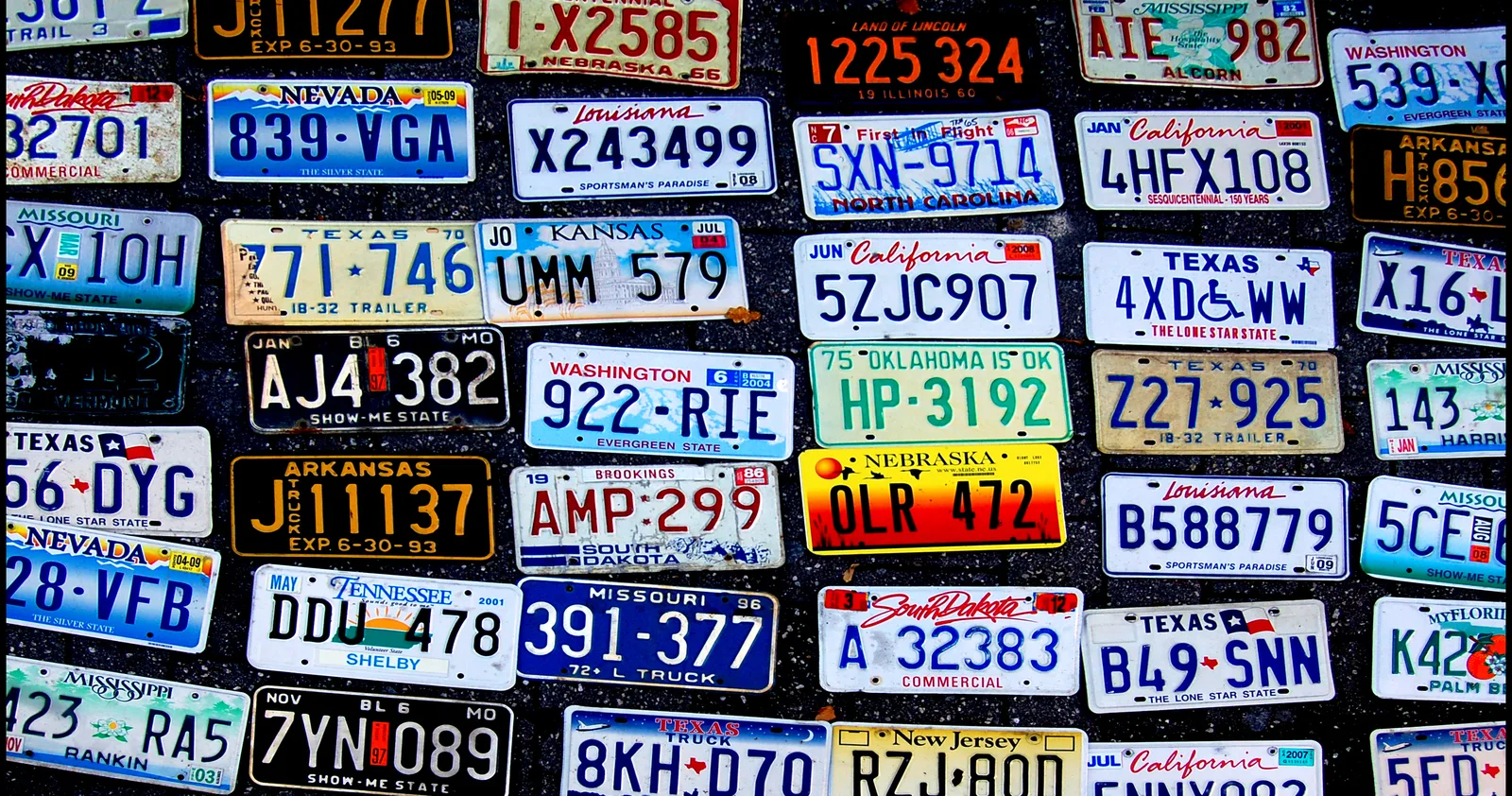 Old license plates from across the U.S. on a wall, including a Tennessee plate issued in Shelby County.
