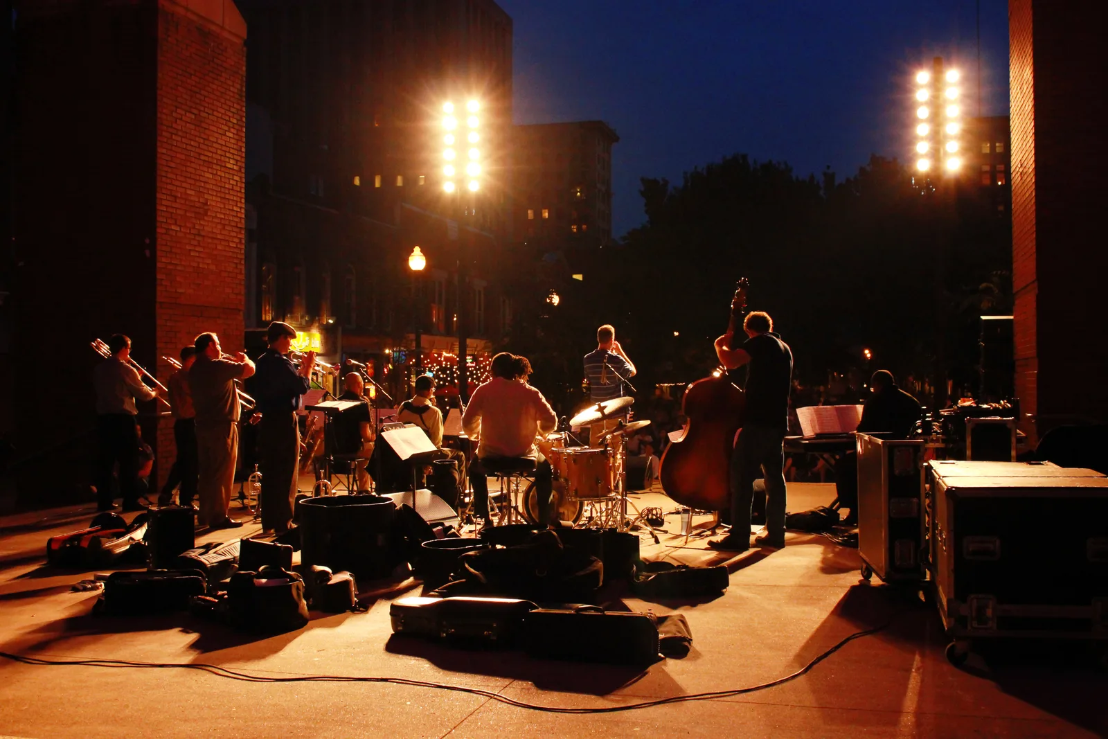 A band plays an evening concert in the summer concert series on Market Square in Knoxville, Tennessee.