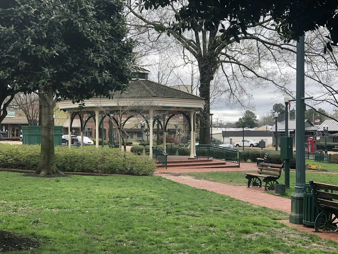 The white gazebo and brick walks on the Collierville Town Square.