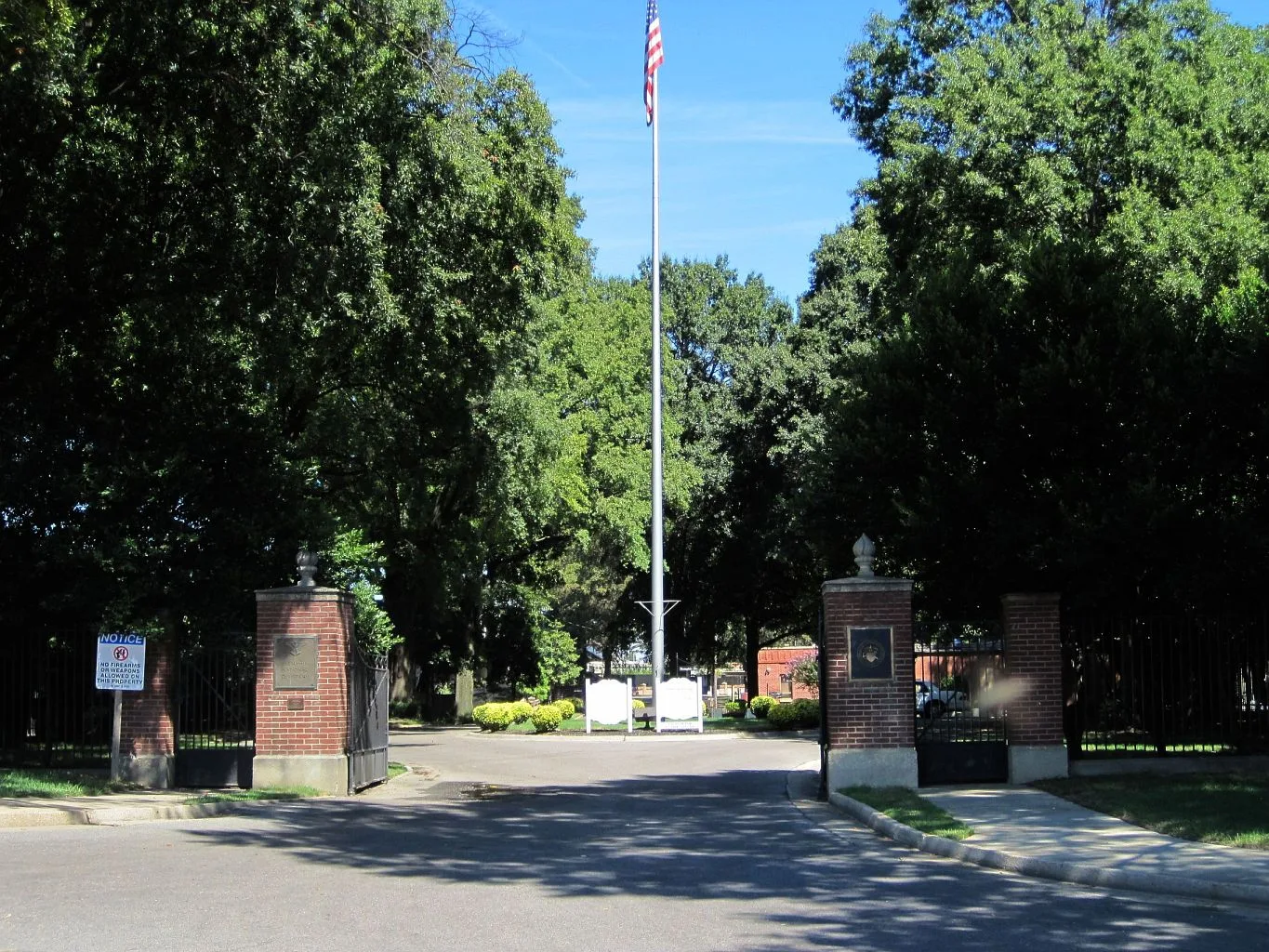 The entrance gates and flagpole at Memphis National Cemetery on Townes Avenue in Memphis.