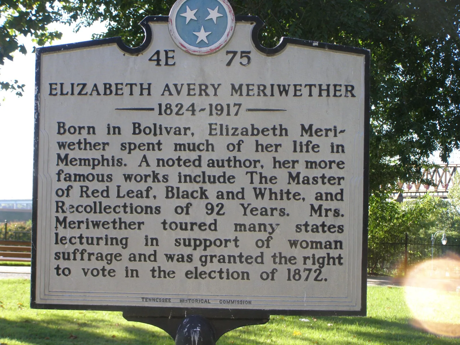 A Tennessee Historical Commission marker in Memphis honoring Elizabeth Avery Meriwether, who lectured for woman suffrage and voted in 1872.